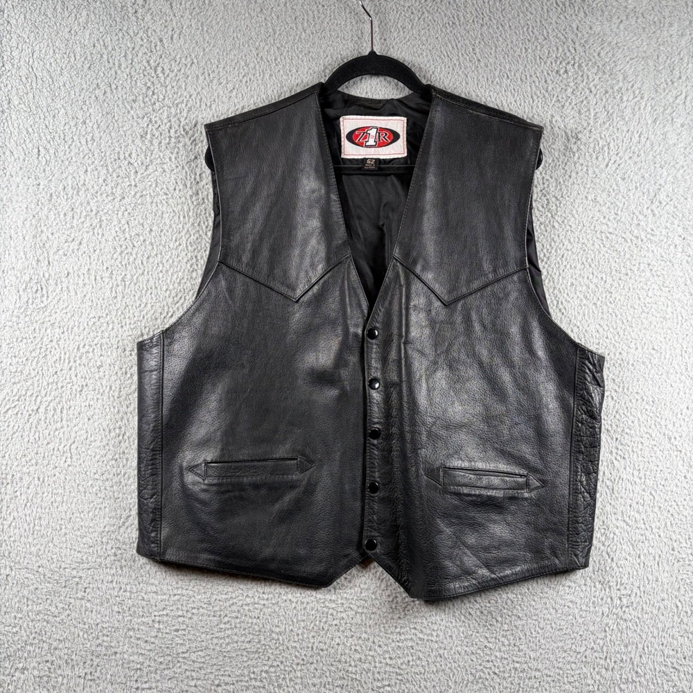 Z1R Men Black Leather Motorcycle Vest Western Yoke Snap Front Size 52 Biker Moto